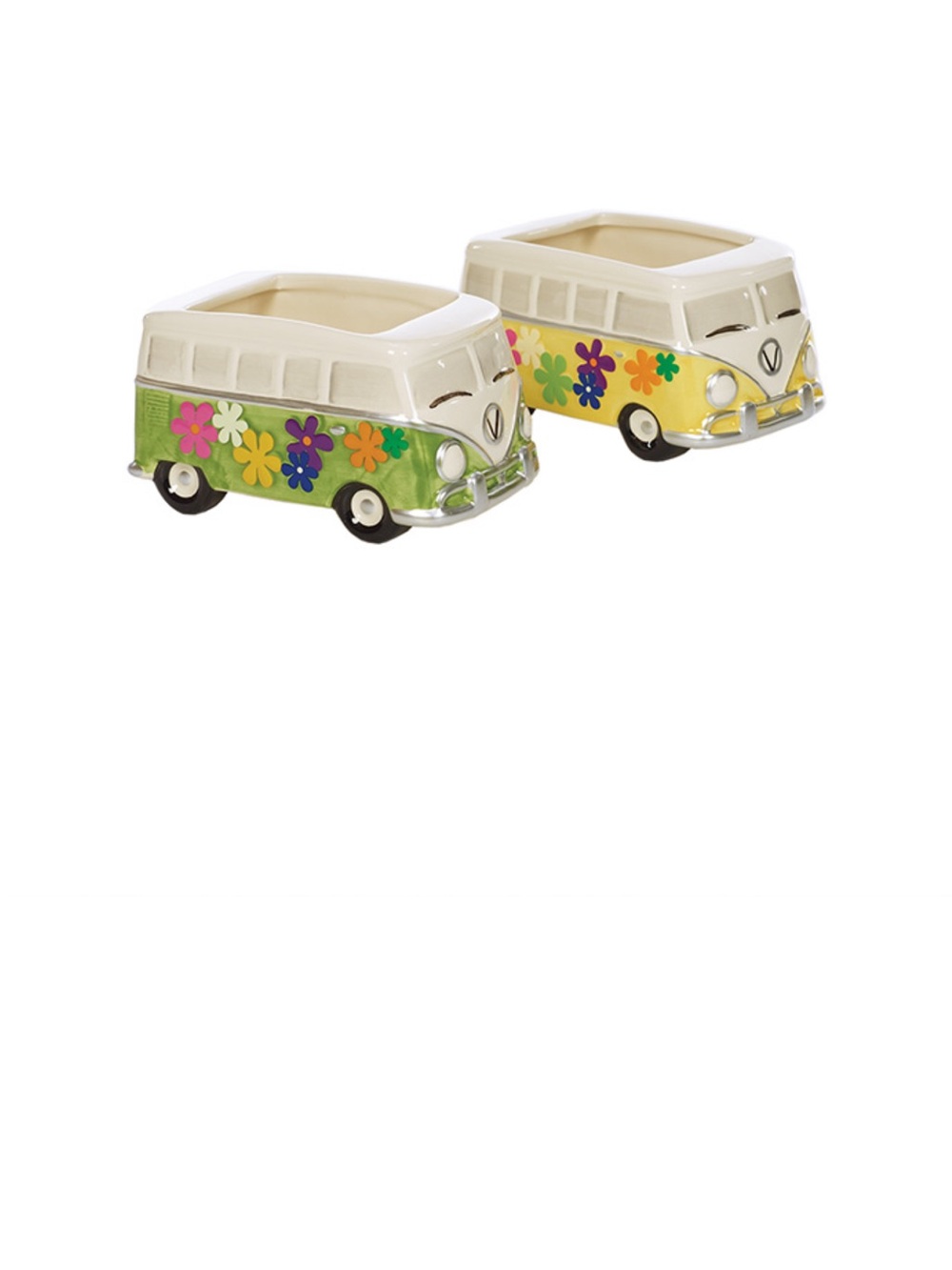 Flower Power VW Bus Planter Pair - Yellow & Green